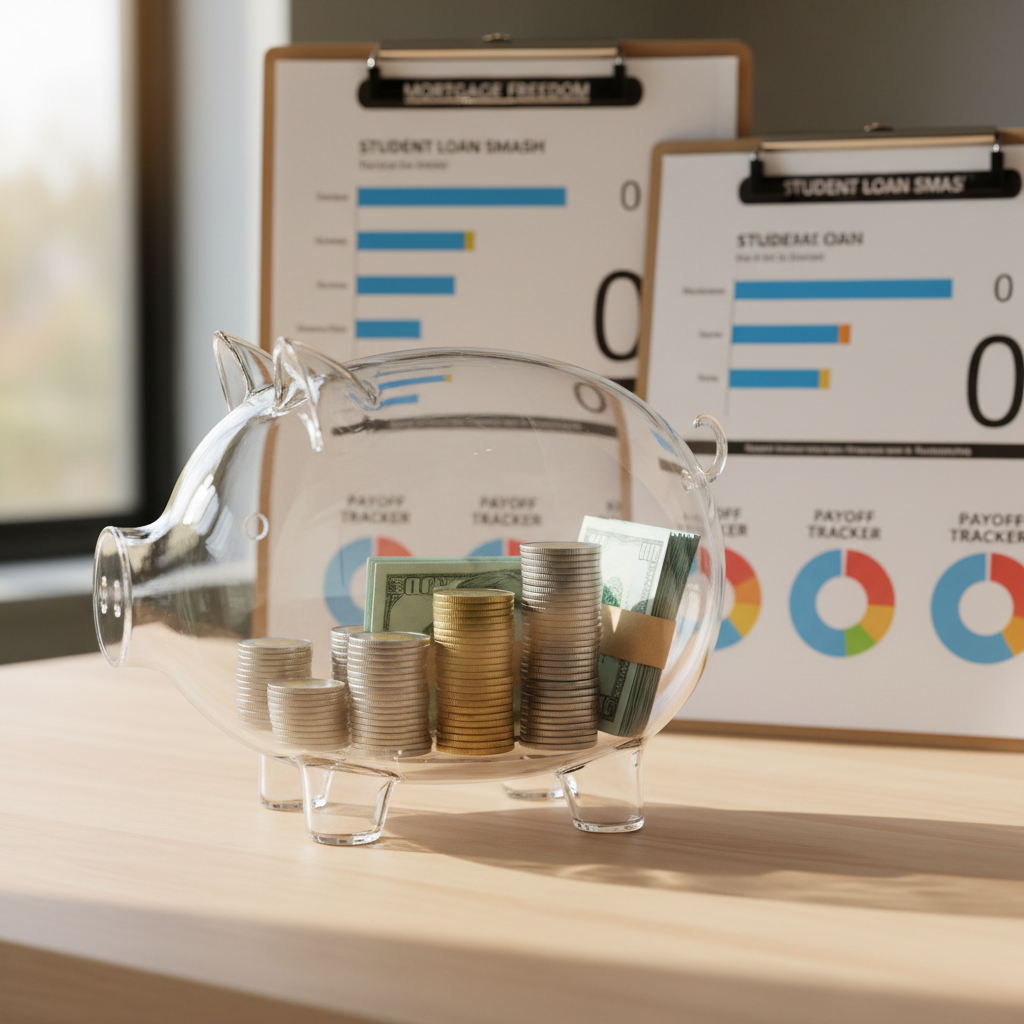 A large, clear acrylic piggy bank partially filled with neatly stacked coins and small bundles of cash, placed on a smooth light-wood table. Behind it, several printed debt payoff charts and colorful payoff trackers are arranged neatly on clipboards, slightly blurred yet legible enough to show progress bars moving toward zero. Soft, diffused afternoon light filters in from the side, casting gentle highlights on the transparent surface and metallic coins. The composition uses rule of thirds with sharp focus on the piggy bank and shallow depth to soften the paperwork. The mood is hopeful and disciplined, with a clean, modern photographic style that emphasizes intentional debt elimination and steady improvement.