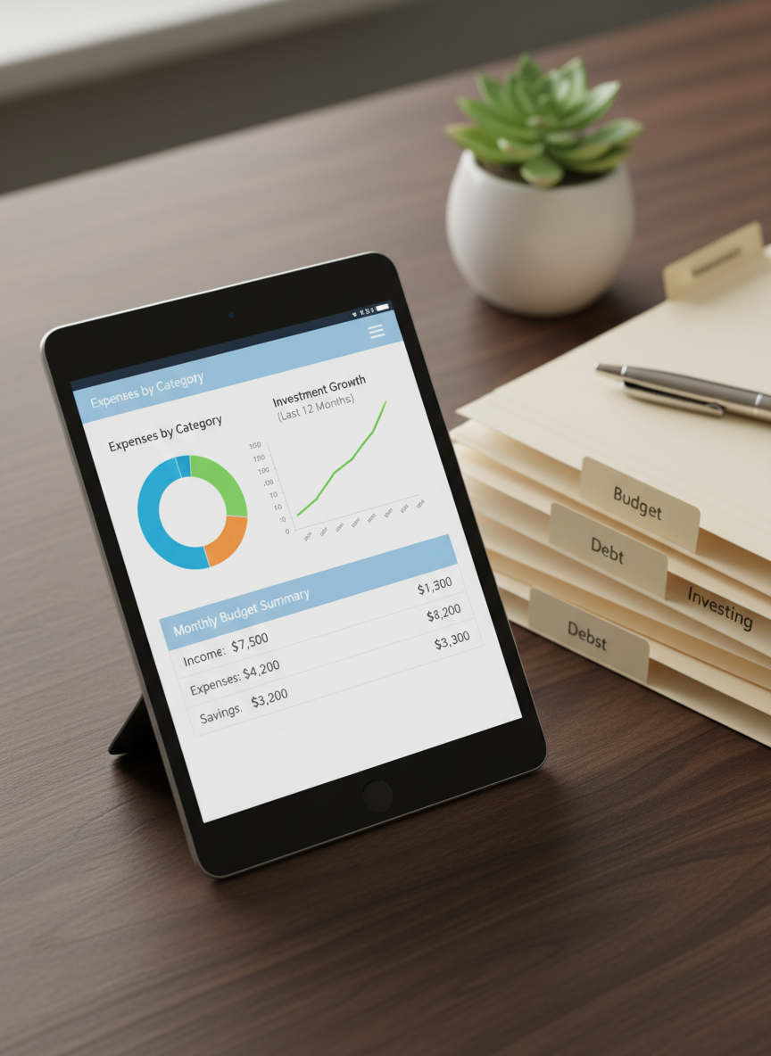 A modern, slim black tablet displaying a bright, well-organized financial dashboard with pie charts, line graphs, and a clear monthly budget summary, resting on a dark walnut desk. Beside it, a tidy stack of manila folders labeled “Budget,” “Debt,” and “Investing” sits next to a polished metal pen. In the background, a small, healthy green plant in a white ceramic pot adds a hint of color and calm, slightly out of focus. Warm, indirect office lighting creates subtle reflections on the tablet screen without glare. Shot from a slightly elevated angle in photographic realism, with balanced composition and medium depth of field, the scene feels organized, confidential, and professional, representing private financial coaching sessions and structured money management.