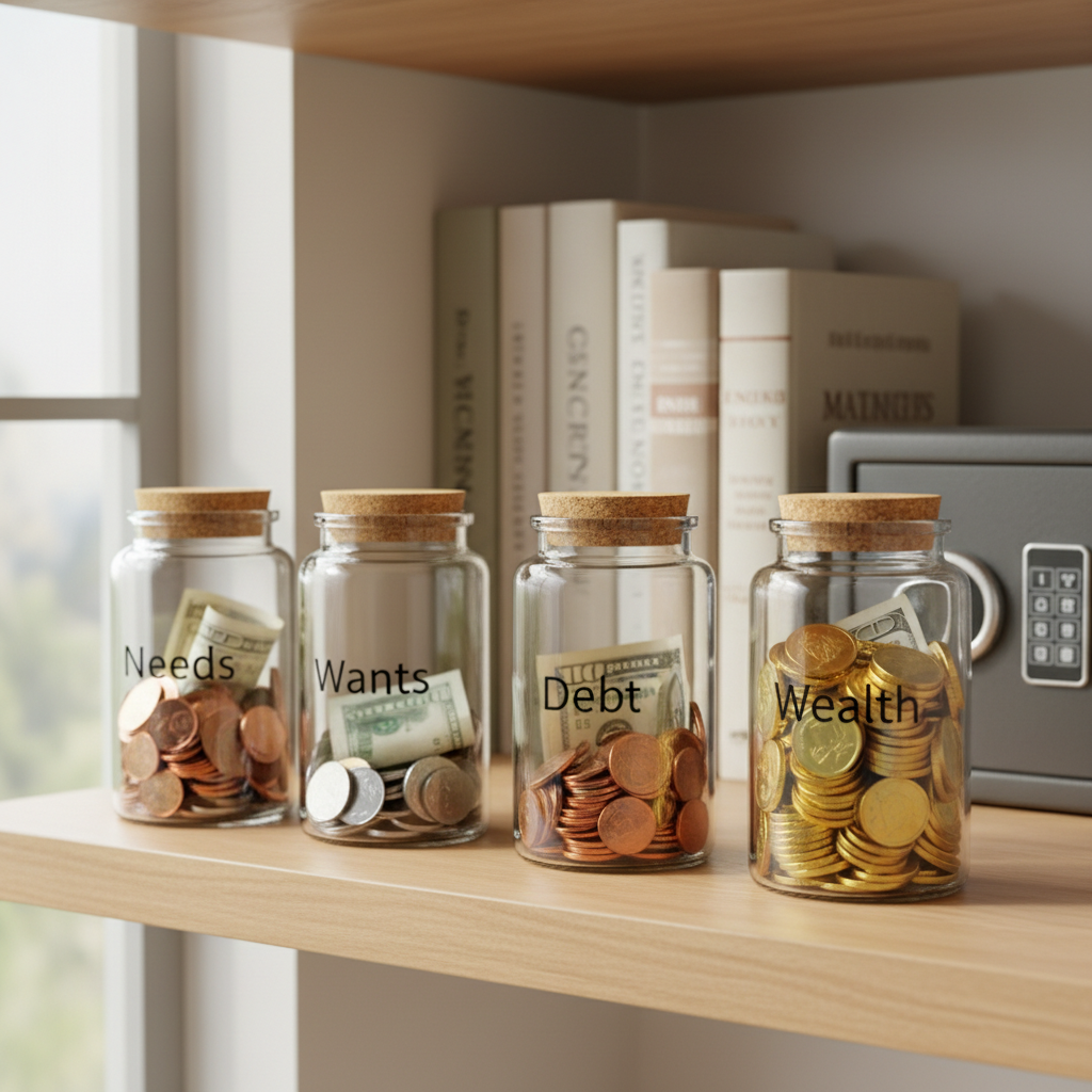 A neat arrangement of four transparent glass jars labeled “Needs,” “Wants,” “Debt,” and “Wealth” in clean black lettering, each containing varying levels of coins and crisp small bills, lined up on a light oak shelf. The “Wealth” jar is slightly fuller than the others, positioned closest to the camera. Behind them, a blurred background of neutral-toned books on finance and a small, stylish safe adds context without distraction. Soft, natural window light from the side creates gentle highlights on the glass and metallic coins, emphasizing texture and clarity. Photographic realism with an eye-level composition and moderate depth of field creates a calm, optimistic atmosphere, perfectly illustrating balanced budgeting and intentional wealth-building strategies.
