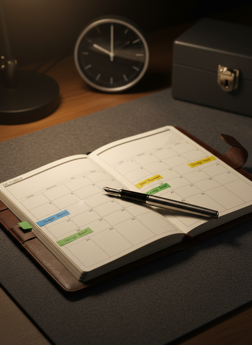 A close-up of a sophisticated dark leather-bound planner opened to a monthly calendar, with several days marked with tiny color-coded tabs labeled “Budget Review,” “Debt Payment,” and “Savings Boost.” A simple, high-quality metal fountain pen rests diagonally across the page. The planner sits on a charcoal-gray felt desk pad, with a minimalistic analog clock and a discrete lockable cash box softly blurred in the background. Warm desk lamp lighting casts focused illumination across the planner, leaving the edges in gentle shadow. Photographic realism, captured at a slight angle with shallow depth of field, creates an intimate, confidential mood, suggesting structured, ongoing financial coaching and disciplined wealth-building habits.